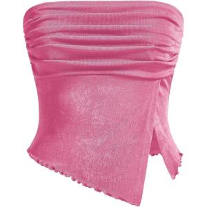 imageMilumia Women Mesh Tube Tops Split Hem Going Out Strapless Bandeau Tops Ruched Tank ShirtsPink