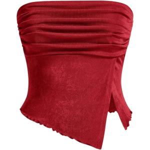 imageMilumia Women Mesh Tube Tops Split Hem Going Out Strapless Bandeau Tops Ruched Tank ShirtsRed