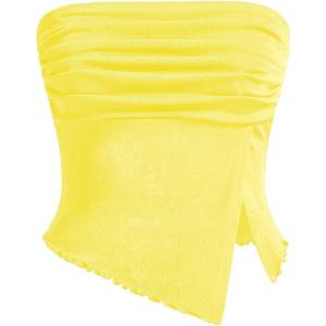 imageMilumia Women Mesh Tube Tops Split Hem Going Out Strapless Bandeau Tops Ruched Tank ShirtsYellow