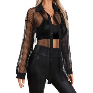 imageMilumia Women Striped Mesh Sheer Button Up Shirt Long Sleeve Drop Shoulder Blouse TopBlack