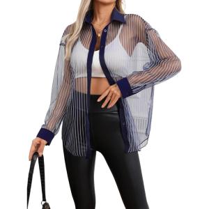 imageMilumia Women Striped Mesh Sheer Button Up Shirt Long Sleeve Drop Shoulder Blouse TopDark Blue