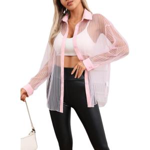 imageMilumia Women Striped Mesh Sheer Button Up Shirt Long Sleeve Drop Shoulder Blouse TopLight Pink