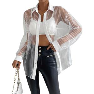 imageMilumia Women Striped Mesh Sheer Button Up Shirt Long Sleeve Drop Shoulder Blouse TopWhite