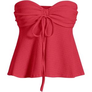 imageMilumia Women Tie Front Ruched Tube Top Strapless Flared Hem Peplum Bandeau TopsCoral Pink