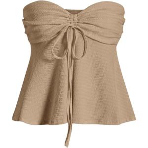 imageMilumia Women Tie Front Ruched Tube Top Strapless Flared Hem Peplum Bandeau TopsKhaki
