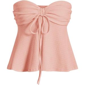 imageMilumia Women Tie Front Ruched Tube Top Strapless Flared Hem Peplum Bandeau TopsPink