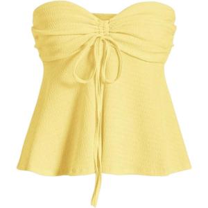 imageMilumia Women Tie Front Ruched Tube Top Strapless Flared Hem Peplum Bandeau TopsYellow