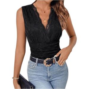 imageMilumia WomenS See Through Lace Bodysuits Sleeveless Deep V Neck Body SuitsBlack