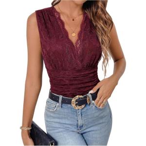 imageMilumia WomenS See Through Lace Bodysuits Sleeveless Deep V Neck Body SuitsDark Red