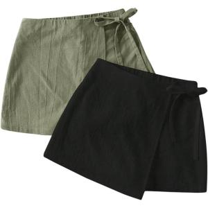 imageMilumia Womens 2 Pack Bowtie Side Wrap Skort Elastic Waist Solid Linen ShortsBlack and Green