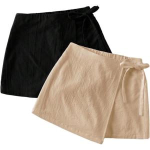 imageMilumia Womens 2 Pack Bowtie Side Wrap Skort Elastic Waist Solid Linen ShortsKhaki and Black