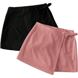 imageMilumia Womens 2 Pack Bowtie Side Wrap Skort Elastic Waist Solid Linen ShortsPink and Black