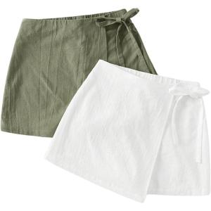 imageMilumia Womens 2 Pack Bowtie Side Wrap Skort Elastic Waist Solid Linen ShortsWhite and Green
