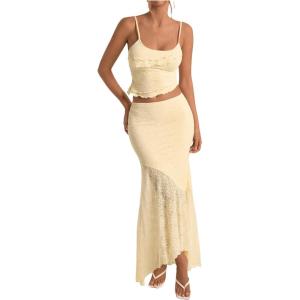 imageMilumia Womens 2 Piece Outfits Ruffle Trim Cami Crop Top and Low Rise Maxi Skirt SetApricot