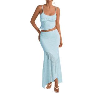 imageMilumia Womens 2 Piece Outfits Ruffle Trim Cami Crop Top and Low Rise Maxi Skirt SetLight Blue