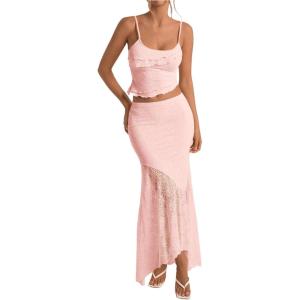 imageMilumia Womens 2 Piece Outfits Ruffle Trim Cami Crop Top and Low Rise Maxi Skirt SetLight Pink