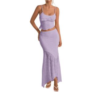 imageMilumia Womens 2 Piece Outfits Ruffle Trim Cami Crop Top and Low Rise Maxi Skirt SetMauve Purple