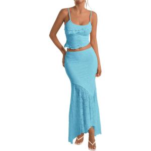 imageMilumia Womens 2 Piece Outfits Ruffle Trim Cami Crop Top and Low Rise Maxi Skirt SetMint Blue