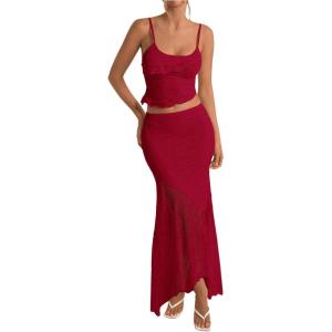 imageMilumia Womens 2 Piece Outfits Ruffle Trim Cami Crop Top and Low Rise Maxi Skirt SetRed