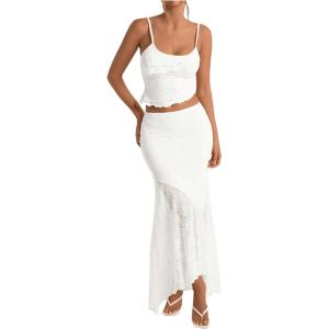 imageMilumia Womens 2 Piece Outfits Ruffle Trim Cami Crop Top and Low Rise Maxi Skirt SetWhite