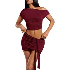 imageMilumia Womens 2 Piece Set One Shoulder Crop Top Tee and Ruched Going Out Mini SkirtBurgundy