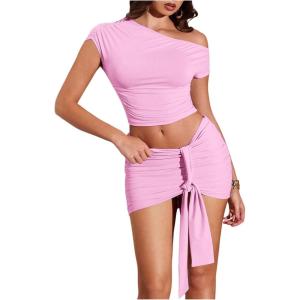 imageMilumia Womens 2 Piece Set One Shoulder Crop Top Tee and Ruched Going Out Mini SkirtPink