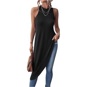 imageMilumia Womens Asymmetrical Hem Crew Neck Long Tank Top Sleeveless Tunic Tops ShirtsA Black
