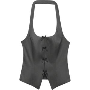 imageMilumia Womens Backless Halter Crop Top Y2K Bow Front Cut Out Sleeveless Going Out Tank TopsGrey