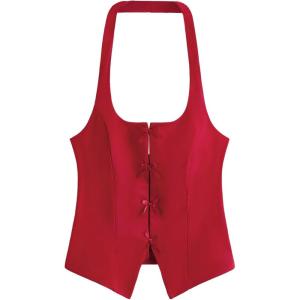 imageMilumia Womens Backless Halter Crop Top Y2K Bow Front Cut Out Sleeveless Going Out Tank TopsRed