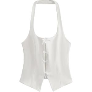 imageMilumia Womens Backless Halter Crop Top Y2K Bow Front Cut Out Sleeveless Going Out Tank TopsWhite