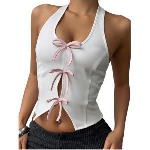 imageMilumia Womens Backless Halter Crop Top Y2K Bow Front Cut Out Sleeveless Going Out Tank TopsWhite and Pink