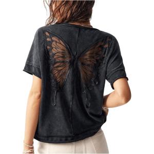 imageMilumia Womens Butterfly Cut Out Back TShirt Short Sleeve Vintage Loose Tee Tops StreetwearBlack