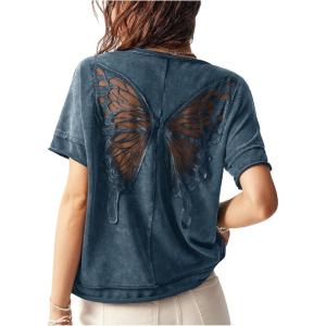 imageMilumia Womens Butterfly Cut Out Back TShirt Short Sleeve Vintage Loose Tee Tops StreetwearBlue