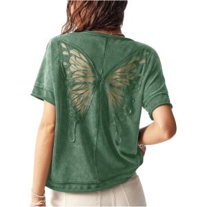 imageMilumia Womens Butterfly Cut Out Back TShirt Short Sleeve Vintage Loose Tee Tops StreetwearDark Green