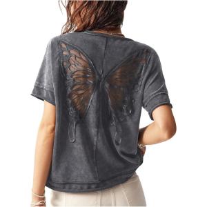 imageMilumia Womens Butterfly Cut Out Back TShirt Short Sleeve Vintage Loose Tee Tops StreetwearDark Grey