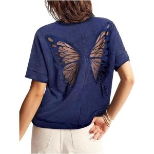 imageMilumia Womens Butterfly Cut Out Back TShirt Short Sleeve Vintage Loose Tee Tops StreetwearDeep Blue