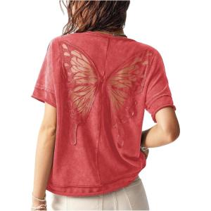 imageMilumia Womens Butterfly Cut Out Back TShirt Short Sleeve Vintage Loose Tee Tops StreetwearRed