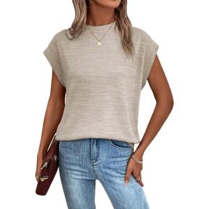 imageMilumia Womens Casual Cap Short Sleeve T Shirt Dressy Mock Neck Office Work TopApricot
