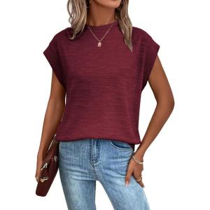 imageMilumia Womens Casual Cap Short Sleeve T Shirt Dressy Mock Neck Office Work TopBurgundy