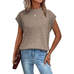 imageMilumia Womens Casual Cap Short Sleeve T Shirt Dressy Mock Neck Office Work TopCoffee Brown Mix