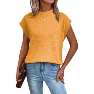imageMilumia Womens Casual Cap Short Sleeve T Shirt Dressy Mock Neck Office Work TopColoryellow