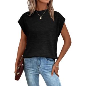 imageMilumia Womens Casual Cap Short Sleeve T Shirt Dressy Mock Neck Office Work TopDark Black