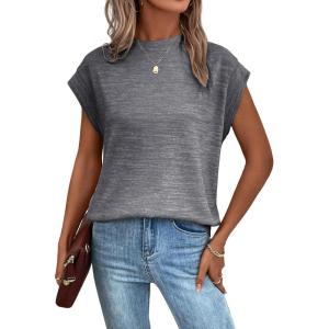 imageMilumia Womens Casual Cap Short Sleeve T Shirt Dressy Mock Neck Office Work TopDark Mix Grey