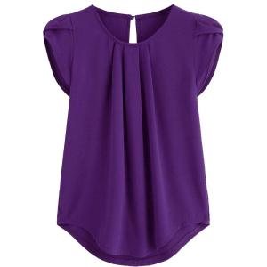 imageMilumia Womens Casual Round Neck Basic Pleated Top Cap Sleeve Curved Keyhole Back BlouseA Dark Purple