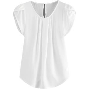 imageMilumia Womens Casual Round Neck Basic Pleated Top Cap Sleeve Curved Keyhole Back BlouseA White