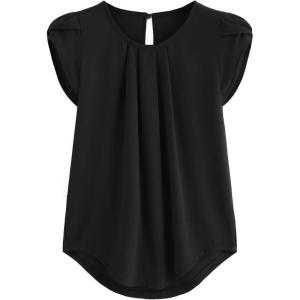 imageMilumia Womens Casual Round Neck Basic Pleated Top Cap Sleeve Curved Keyhole Back BlouseBlack
