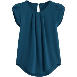 imageMilumia Womens Casual Round Neck Basic Pleated Top Cap Sleeve Curved Keyhole Back BlouseBlue