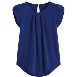 imageMilumia Womens Casual Round Neck Basic Pleated Top Cap Sleeve Curved Keyhole Back BlouseDark Blue