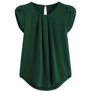 imageMilumia Womens Casual Round Neck Basic Pleated Top Cap Sleeve Curved Keyhole Back BlouseGreen