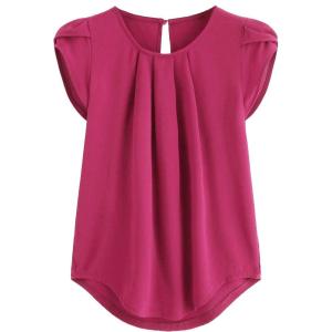 imageMilumia Womens Casual Round Neck Basic Pleated Top Cap Sleeve Curved Keyhole Back BlouseHot Pink